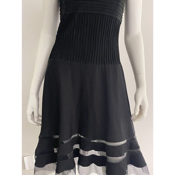 Tadashi Shoji XS Dress Black Jersey Illusions Mesh Pleat Fit Flare Cocktail - Picture 4 of 10